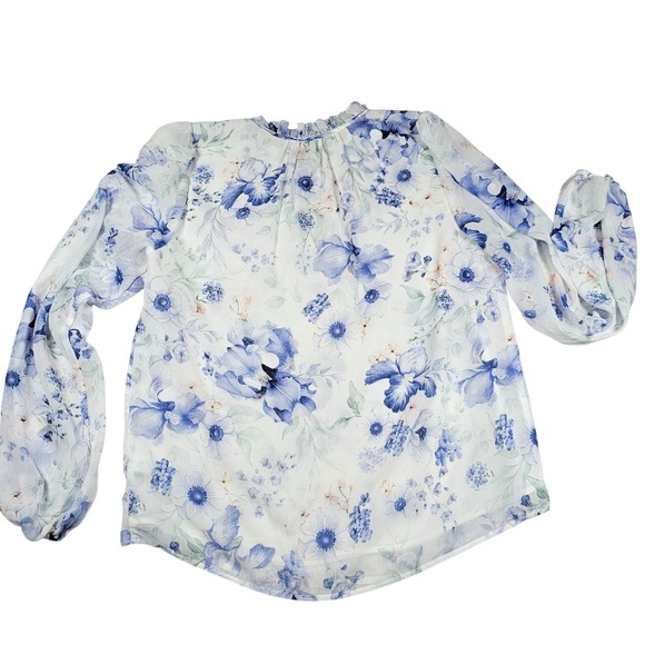 Rachel Zoe XS Floral Blouse Sheer Long Balloon Sleeve Ruffle Neck Tie Top Nwot - Picture 8 of 9
